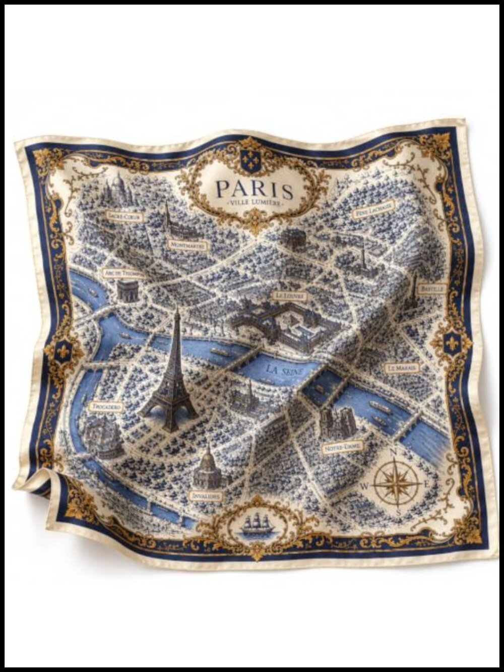 100% Mulberry Silk Twill Square Scarf, 35x35, Paris Map Print, Hand-Rolled
